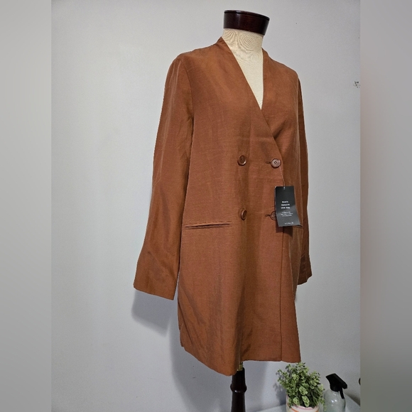 VEILED-NWT- Linen Longline Cupro Double-Breasted Blazer in Baked Clay. Medium - Picture 2 of 11